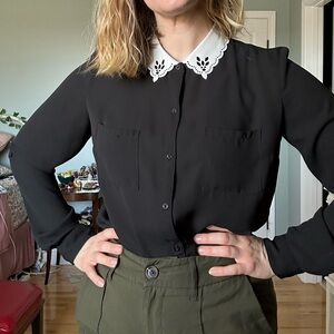 Black Button-Up Blouse with White Eyelet Collar